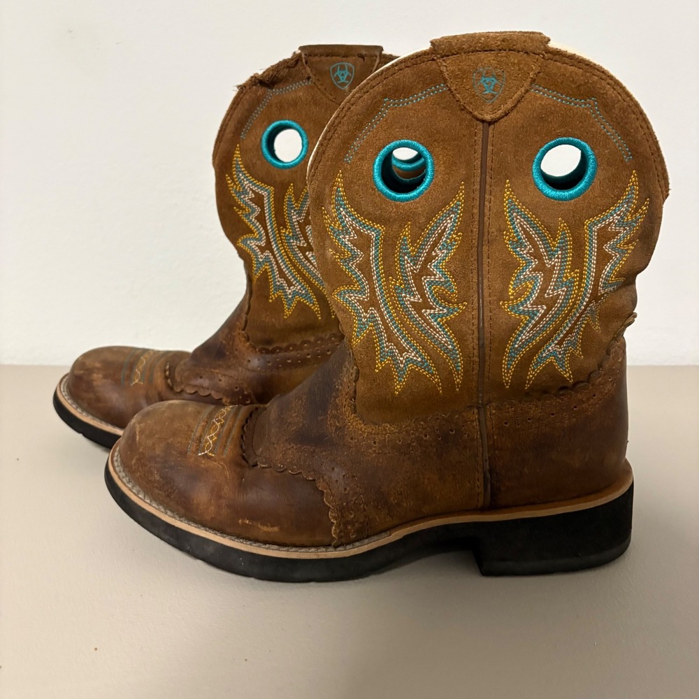 Ariat Fatbaby Brown Leather Western Cowboy Boots Turquoise Embroidery Women's 9B - Picture 2 of 14